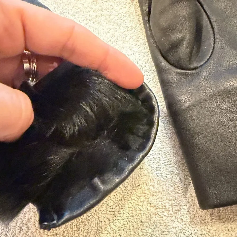 Women’s Luxury Black Leather Gloves Real Fur Lined Winter Classic Driving Rabbit
